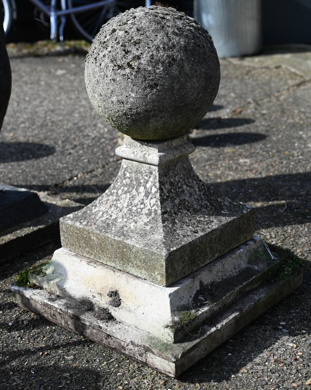 A large pair of antique weathered cast stone ball finial pier caps, raised on tapering form square - Image 5 of 7