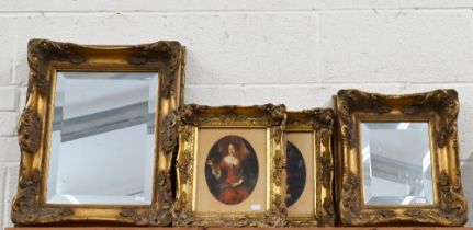 A pair of antique style giltwood framed prints 35 cm x 30 cm to/with two similarly styled mirrors,