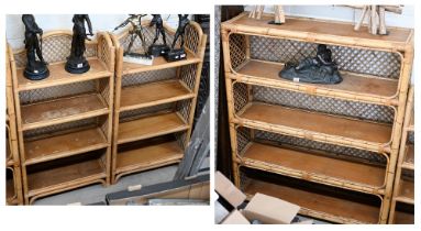 A bamboo and rattan open bookcase 120 x 40 x 152 cm high to/w a pair of similar smaller examples, 70