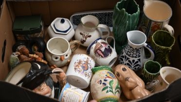Various decorative ceramics including Sylvac, Doulton character jug 'Sancho Panza', etc (box)