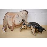André Lovet (Sidmouth, Devon) - a stoneware bull, signed, no 108, 36 cm long to/w an unmarked studio