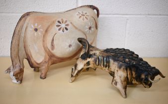 André Lovet (Sidmouth, Devon) - a stoneware bull, signed, no 108, 36 cm long to/w an unmarked studio