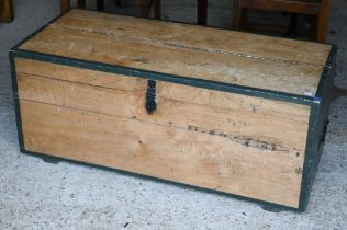 An old part painted pine trunk, carrying handles to the sides, 109 cm x 49 cm x 46 cm h