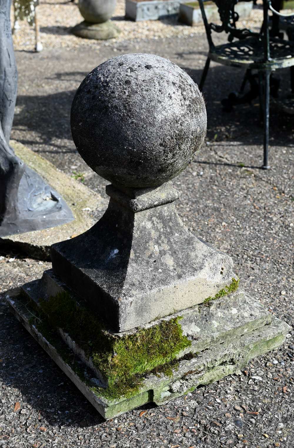 A large pair of antique weathered cast stone ball finial pier caps, raised on tapering form square - Image 2 of 7