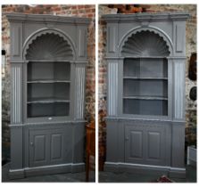 A companion pair of bespoke commissioned Georgian country house styled corner bookcases, with