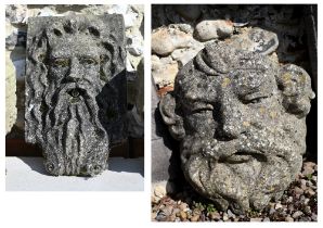 A composite stone 'Green man' water spout plaque to/w a similar wall pocket planter (2)