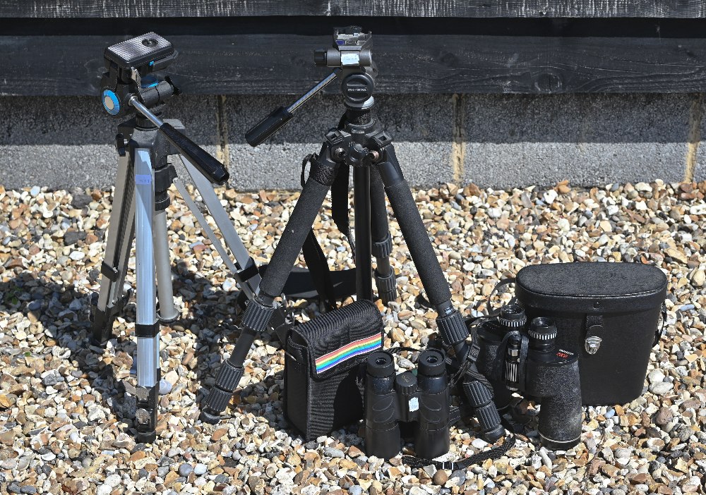 A cased pair of Chinon 10 x 50 binoculars and a pair of Viking (Japan) binoculars, to/w two camera