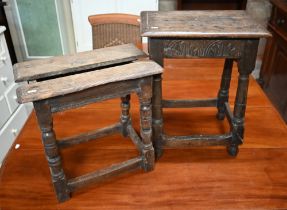 An antique oak joint stool with lunette carved frieze, turned legs united by stretchers, 44 x 28 x