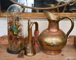 A Victorian display of two exotic birds among grasses, under glass dome 41 cm high to/w a bugle