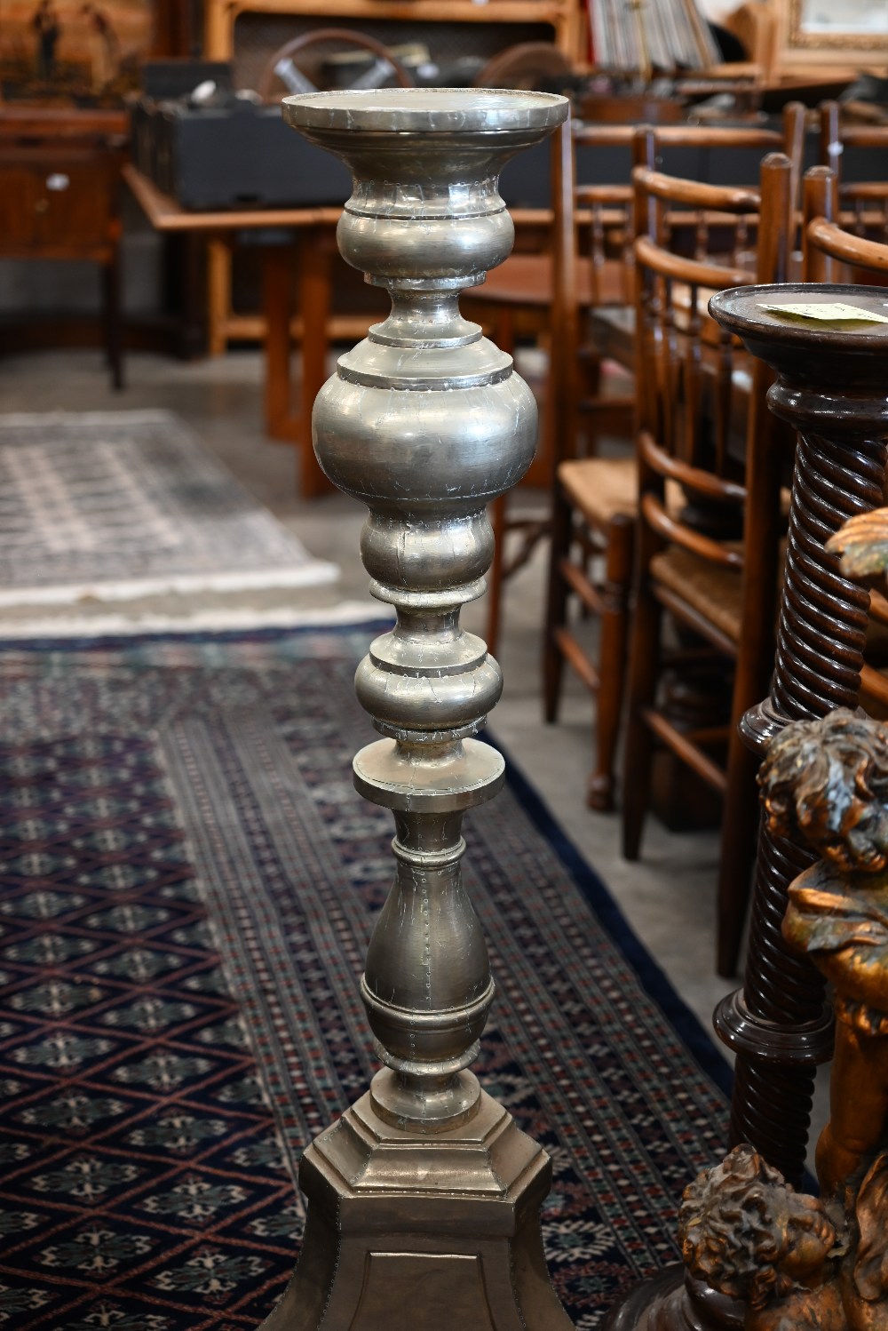 A composite cherub torchere stand to/w two other torchere stands; one spiral turned mahogany and one - Image 3 of 4