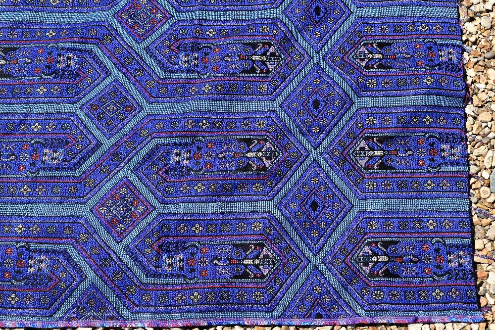A Persian Quashqai bag face to/w Peking 'dragon' mat, fragment of blue fabric and hessian cushion - Image 8 of 9