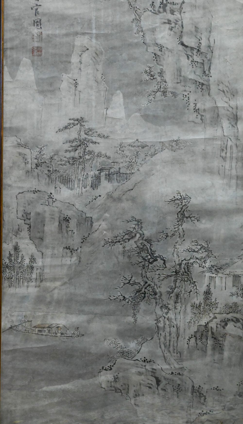 After Shang Guan Zhou, A Chinese landscape painting, ink and colour on paper of a mountainous - Image 3 of 4
