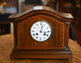 An Edwardian Walker & Hall Ltd French made mantel clock, inlaid mahogany arched case with brass