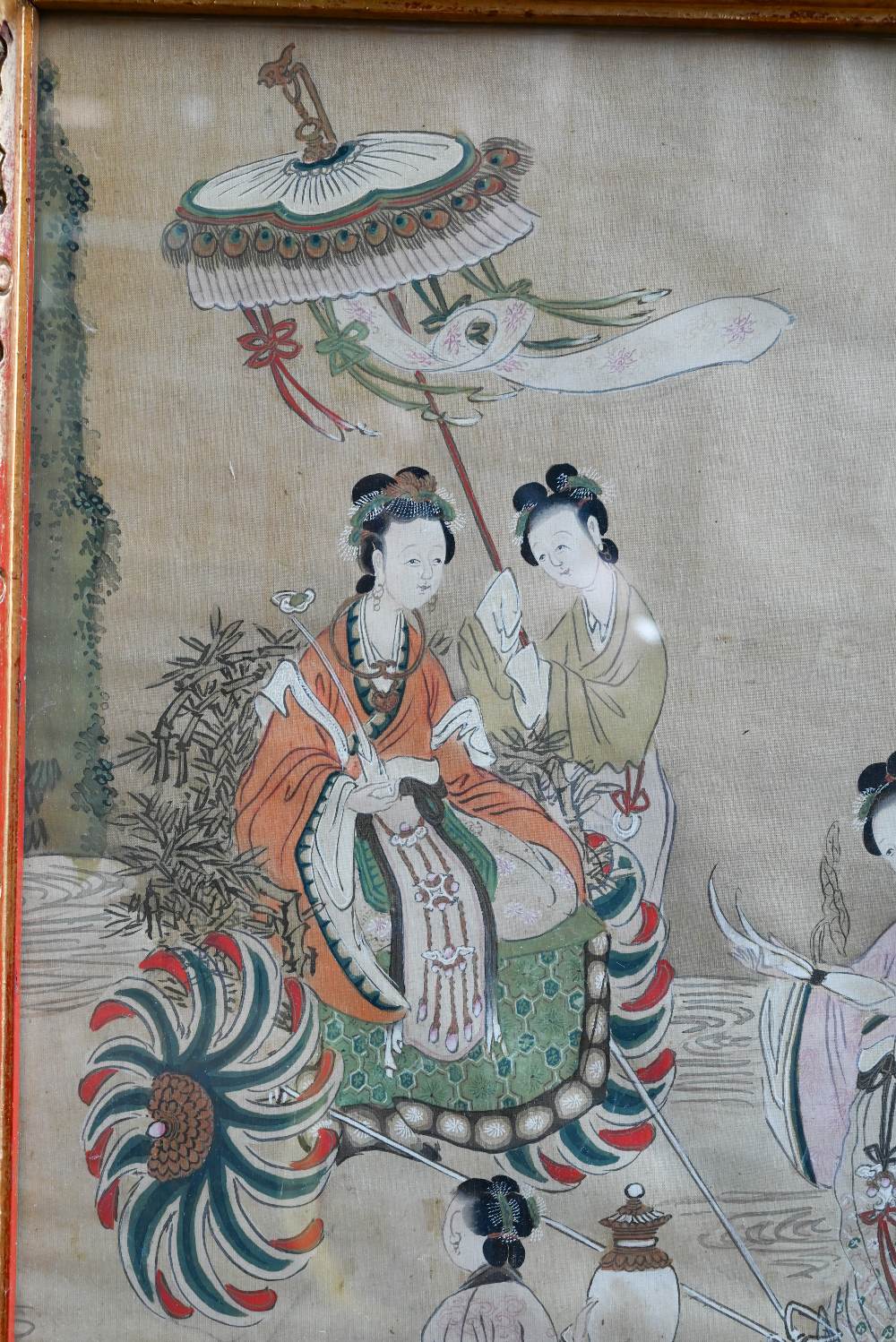 A late 19th or early 20th century Chinese painting on silk, late Qing dynasty, of a seated lady with - Image 2 of 7