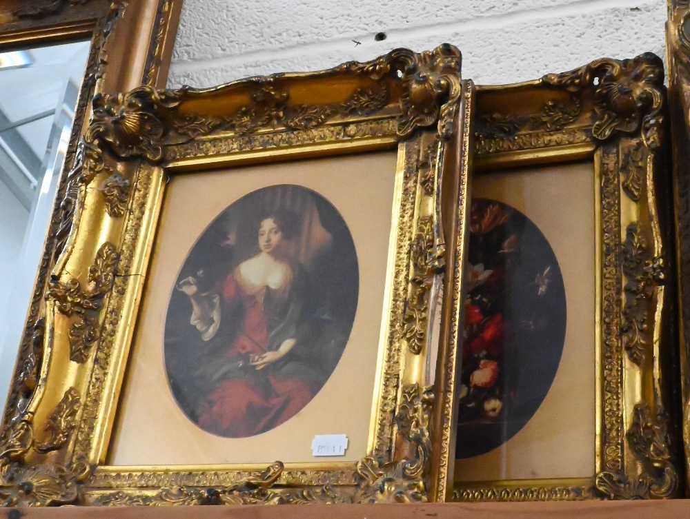 A pair of antique style giltwood framed prints 35 cm x 30 cm to/with two similarly styled mirrors, - Image 3 of 3