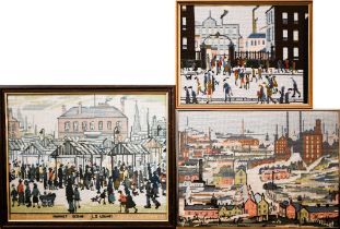 Three framed needlework street scenes after L S Lowry