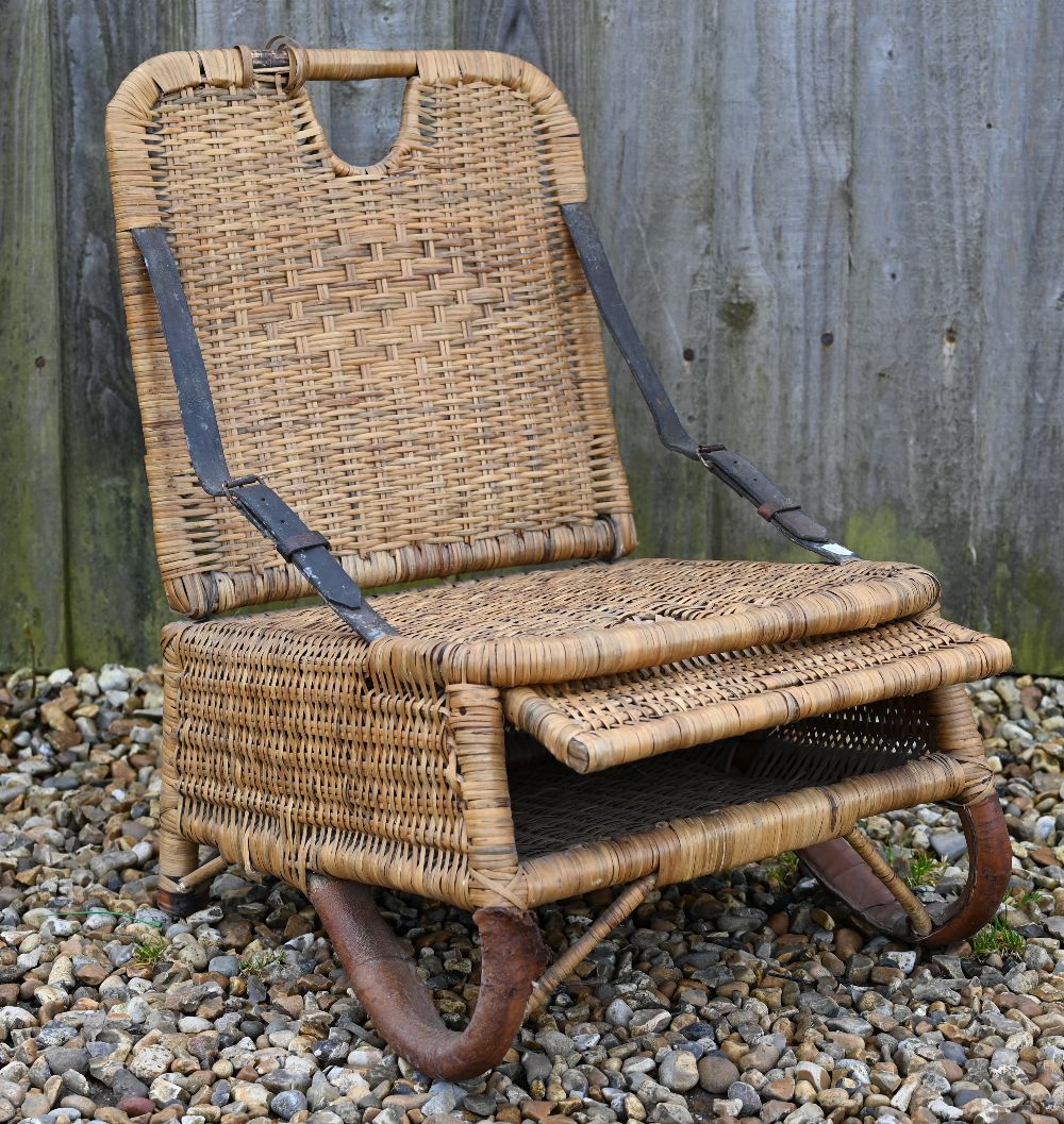 A vintage 1950s rattan wicker fishing chair with folding back supports by two leather straps - Image 3 of 4