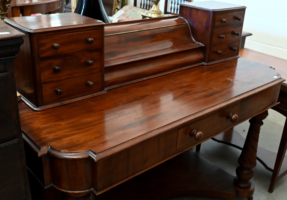 A Victorian mahogany dressing table on spiral fluted supports joined by concaved platform base, - Image 2 of 6