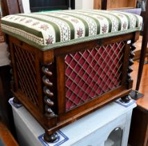 Victorian rosewood box seat stool with Regency stripe fabric, barley twist pillar and brass