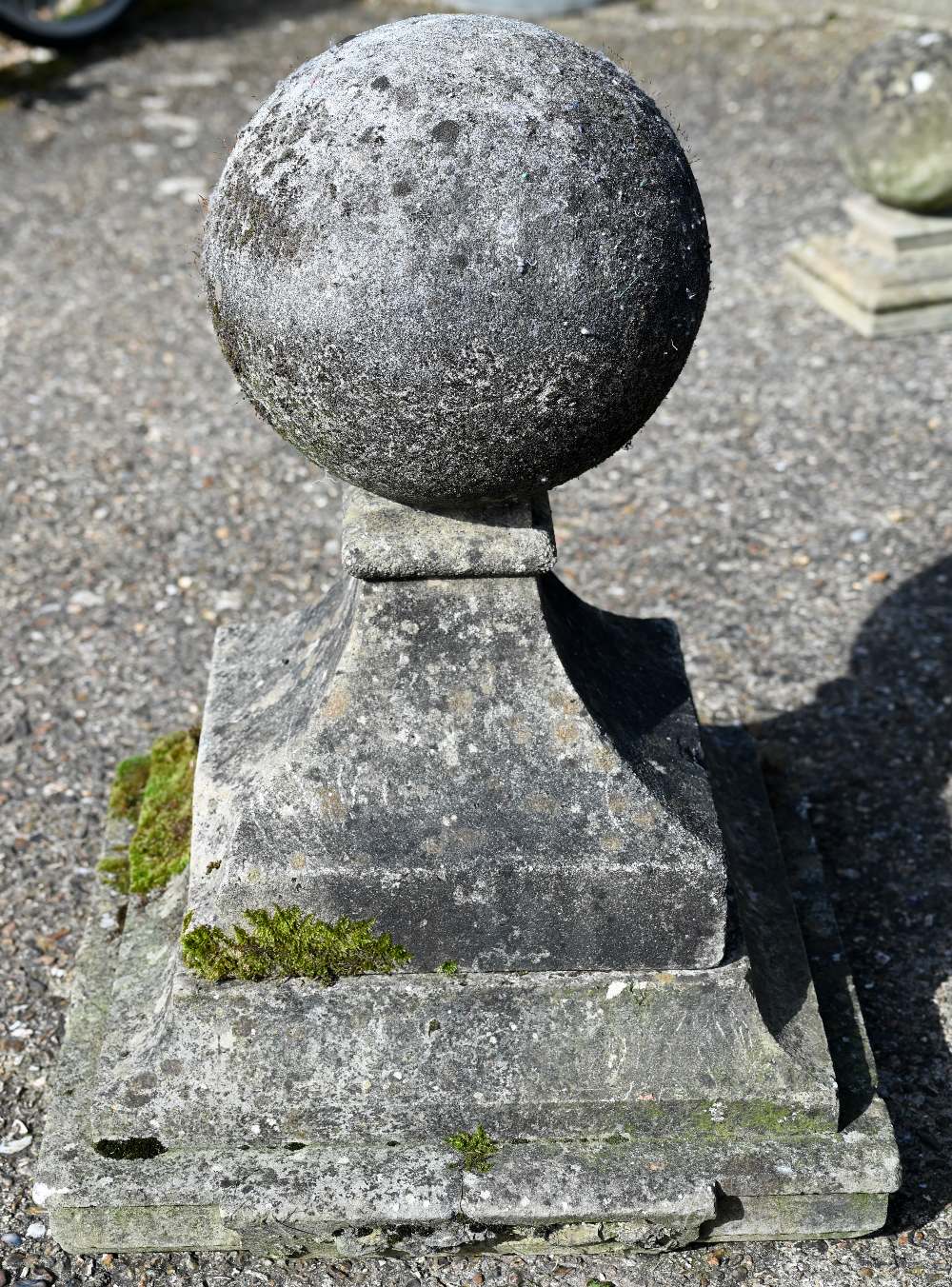 A large pair of antique weathered cast stone ball finial pier caps, raised on tapering form square - Image 7 of 7