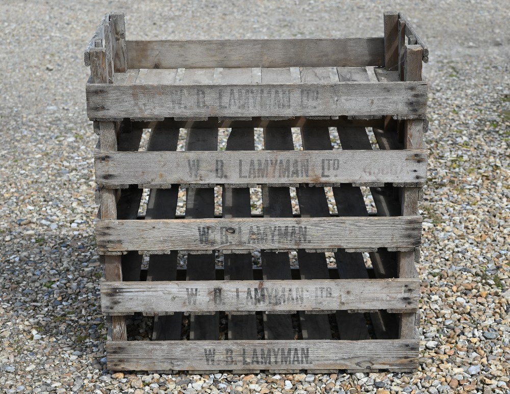 Five Vintage 'W. B. Layman' wooden apple crates, 76 cm w x 45 cm d x 16 cm h to/w three galvanized - Image 3 of 8