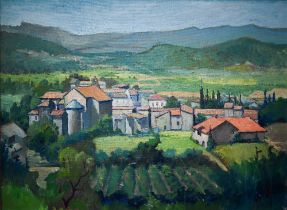 A Provencal village landscape, oil on canvas, indistinctly signed lower right, 59 x 79 cm