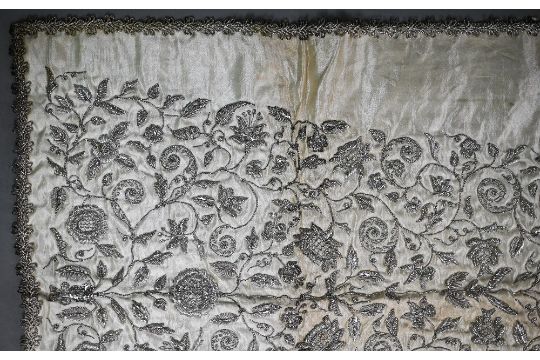 A Sicilian idol shawl, profusely embroidered with silver wire/metalised threads and sequins, 52 x - Image 2 of 5