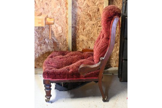 A Victorian walnut framed button back floral fabric covered chair, on ceramic casters - Image 3 of 3