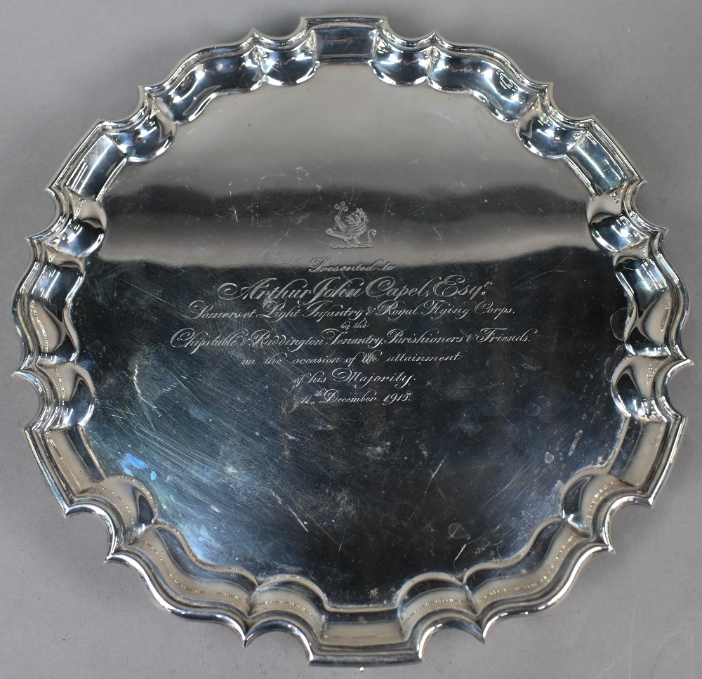 A large silver salver with shaped and moulded rim, on three scroll feet, Thomas Bradbury & Sons - Image 3 of 6