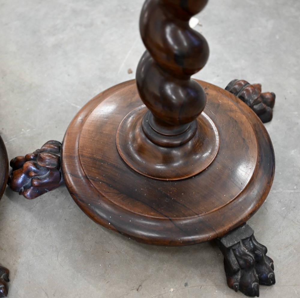 A pair of Victorian rosewood pole screen poles with barley twist mounted circular bases on paw feet, - Image 3 of 5