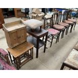 A set of four bentwood chairs together with a bedroom chair, oak two tiered side table, foot stool,