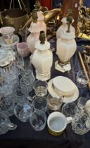 Pottery table lamps together with drinking glasses etc