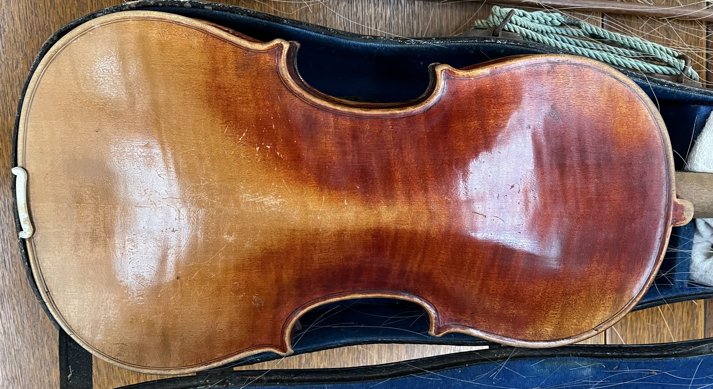 A violin with two piece back and ebonised stringing, bears a label for Antonious Stradivarius, 59. - Image 3 of 7