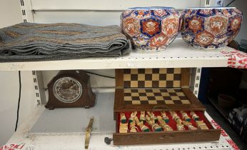 A pair of Japanese Imari pattern jardinieres together with a blanket, mantle clock,