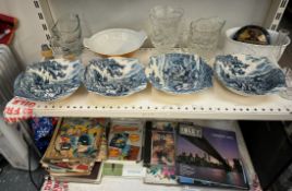 A set of four Johnson Brother Stage Coach bowls together with glass jugs, LP's, comics, books,