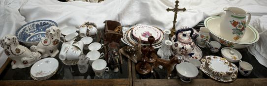 Pottery spaniels together with part tea services, Victoria and Albert decorated plates,