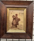 A crystoleum of two young girls collecting corn in a field