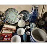 A Chinese blue and white porcelain jardiniere together with a collection of Japanese and Chinese