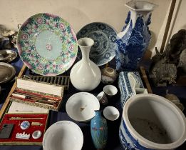 A Chinese blue and white porcelain jardiniere together with a collection of Japanese and Chinese