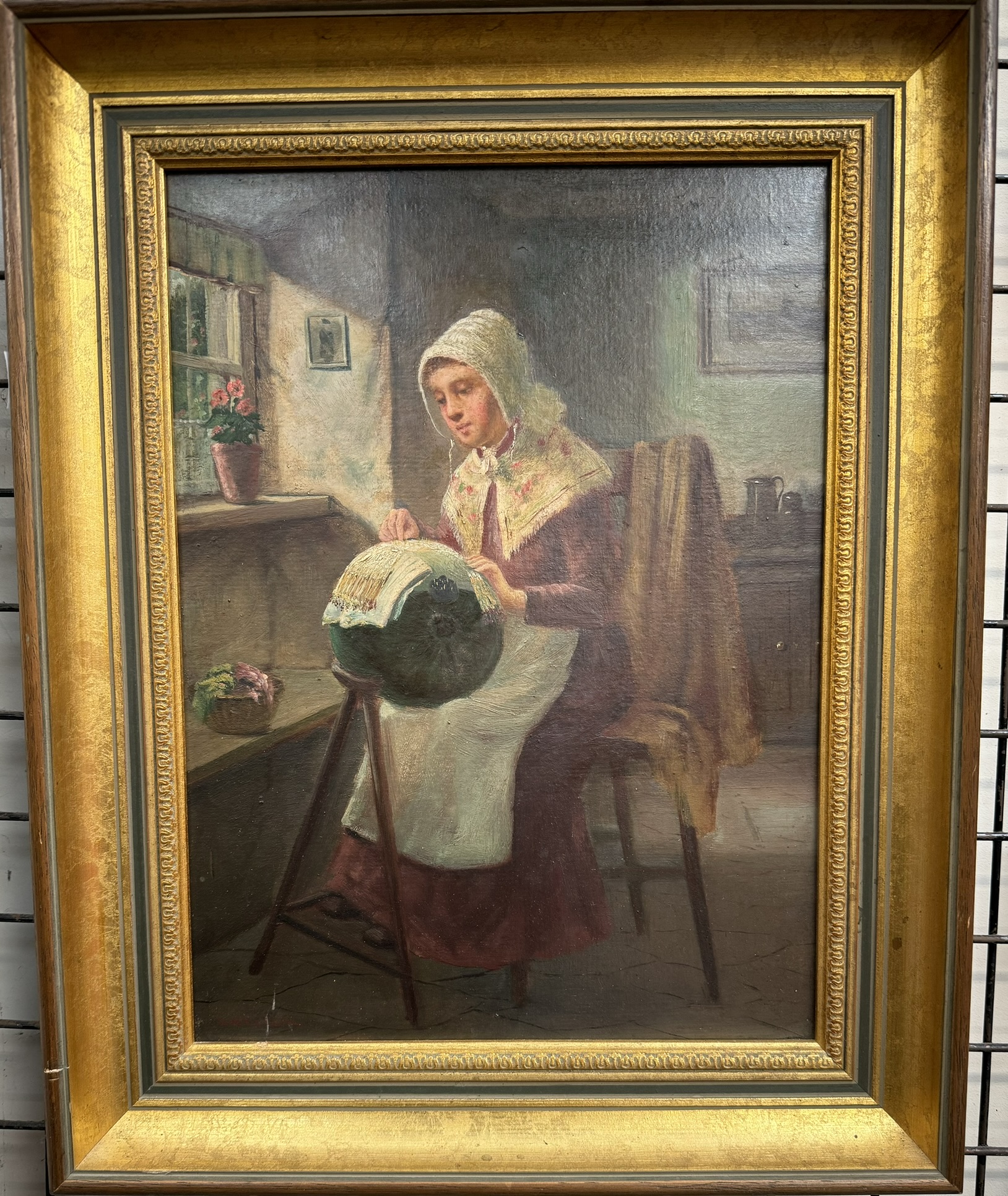 D W Haddon A lady seated lace making Oil on board Signed 39.