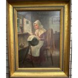 D W Haddon A lady seated lace making Oil on board Signed 39.