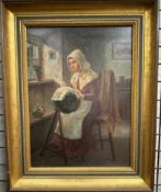 D W Haddon A lady seated lace making Oil on board Signed 39.