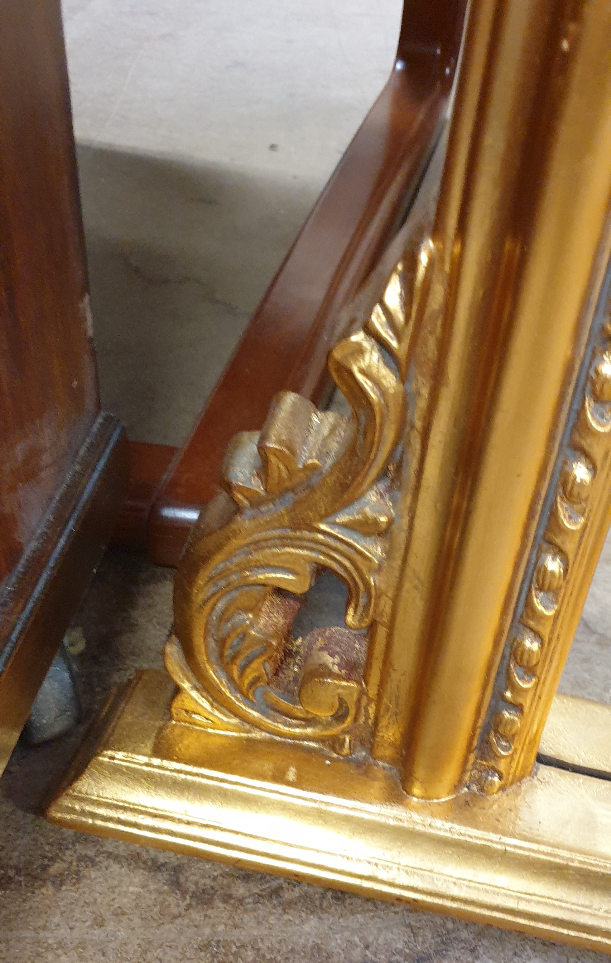 A Victorian style gilt overmantle mirror with a leaf carved cresting rail and scrolling sides - Image 3 of 5