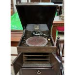 An oak cased HMV table topped gramophone,