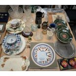 Glass vases together with Rumney pottery plates, flags,