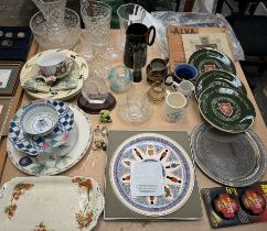 Glass vases together with Rumney pottery plates, flags,