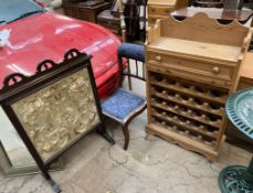 An Edwardian mahogany upholstered chair together with a pine wine rack and an embroidered screen