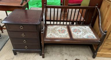 A stag bedside chest of drawers together with a two seater settee