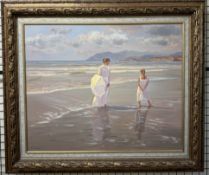 F Serra A lady and young girl standing in the waves Oil on Canvas Signed 80 x 99cm