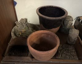 Large Buckleyware pot, together with a terracotta pot, two terracotta tiles,
